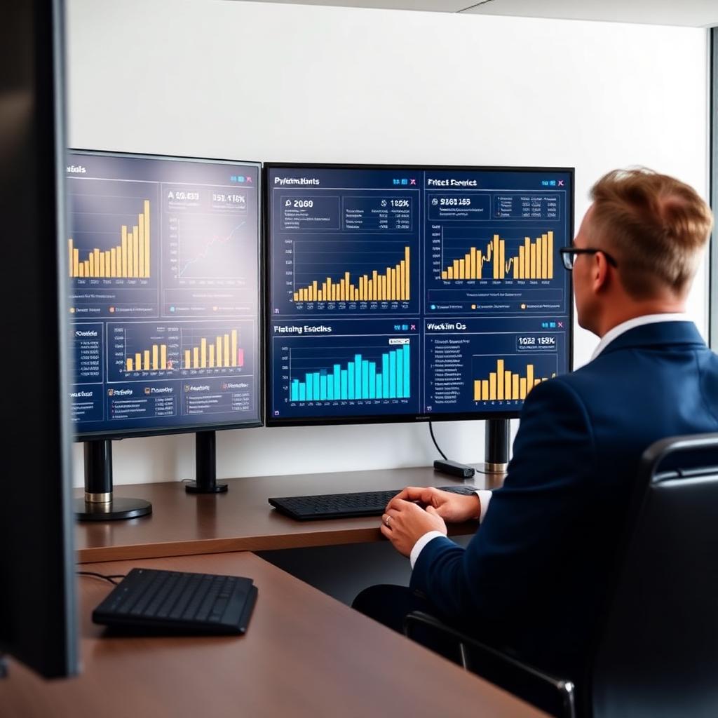 Ejecutivo revisando KPIs financieros y operativos en un dashboard de Power BI con múltiples pantallas.