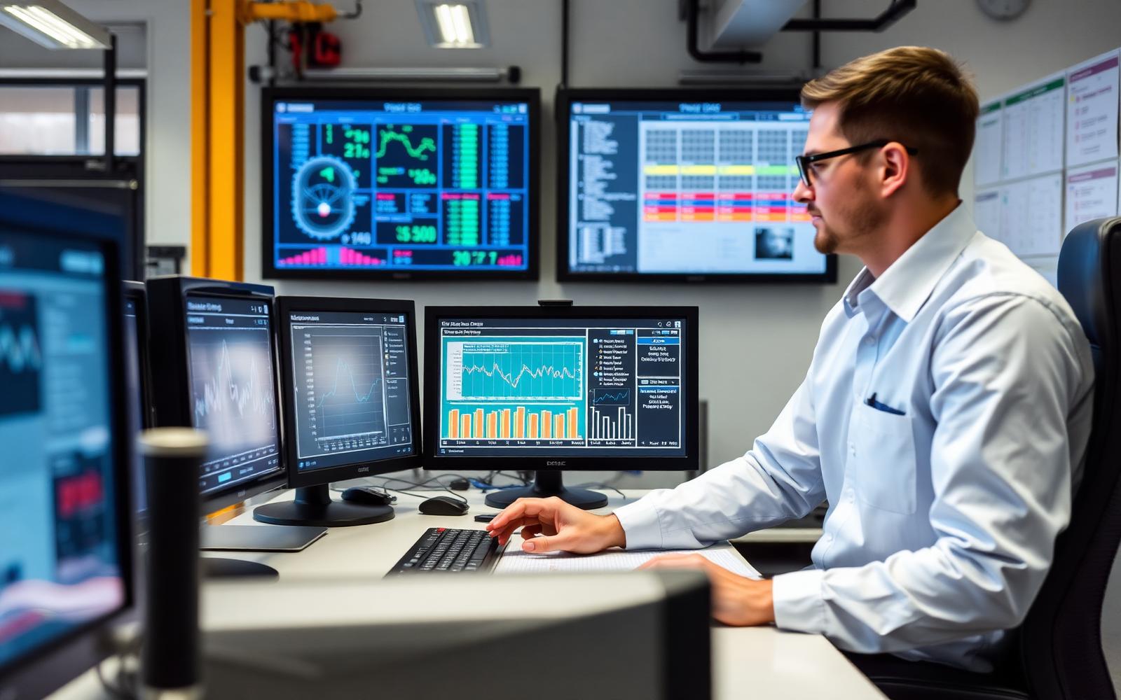 Ingeniero monitoreando KPIs de operaciones en pantallas dentro de una sala de control industrial.