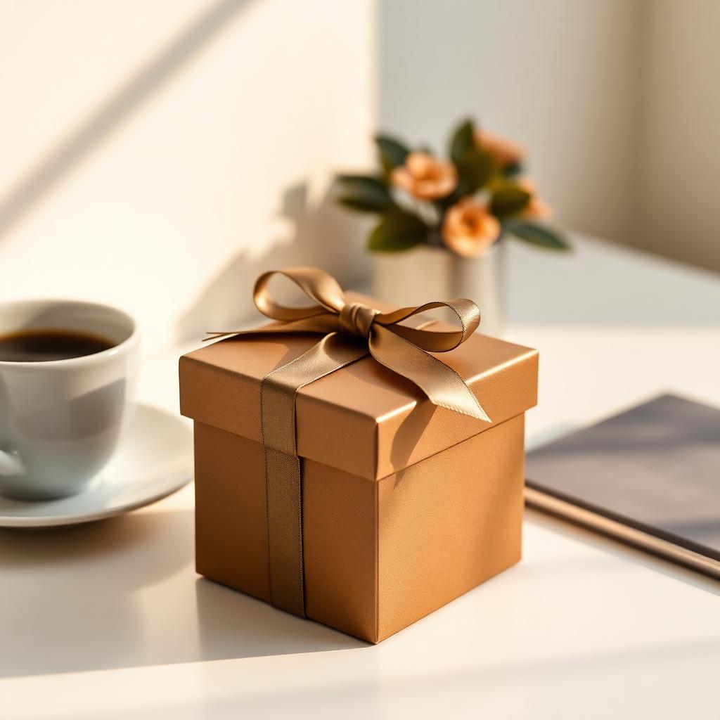 Caja de regalo elegante sobre un escritorio minimalista junto a una taza de café, simbolizando un detalle al cliente.