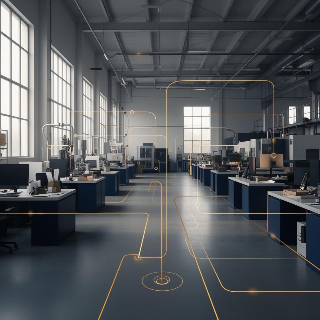 Modern industrial facility with subtle process flow lines overlaid in navy and gold tones.