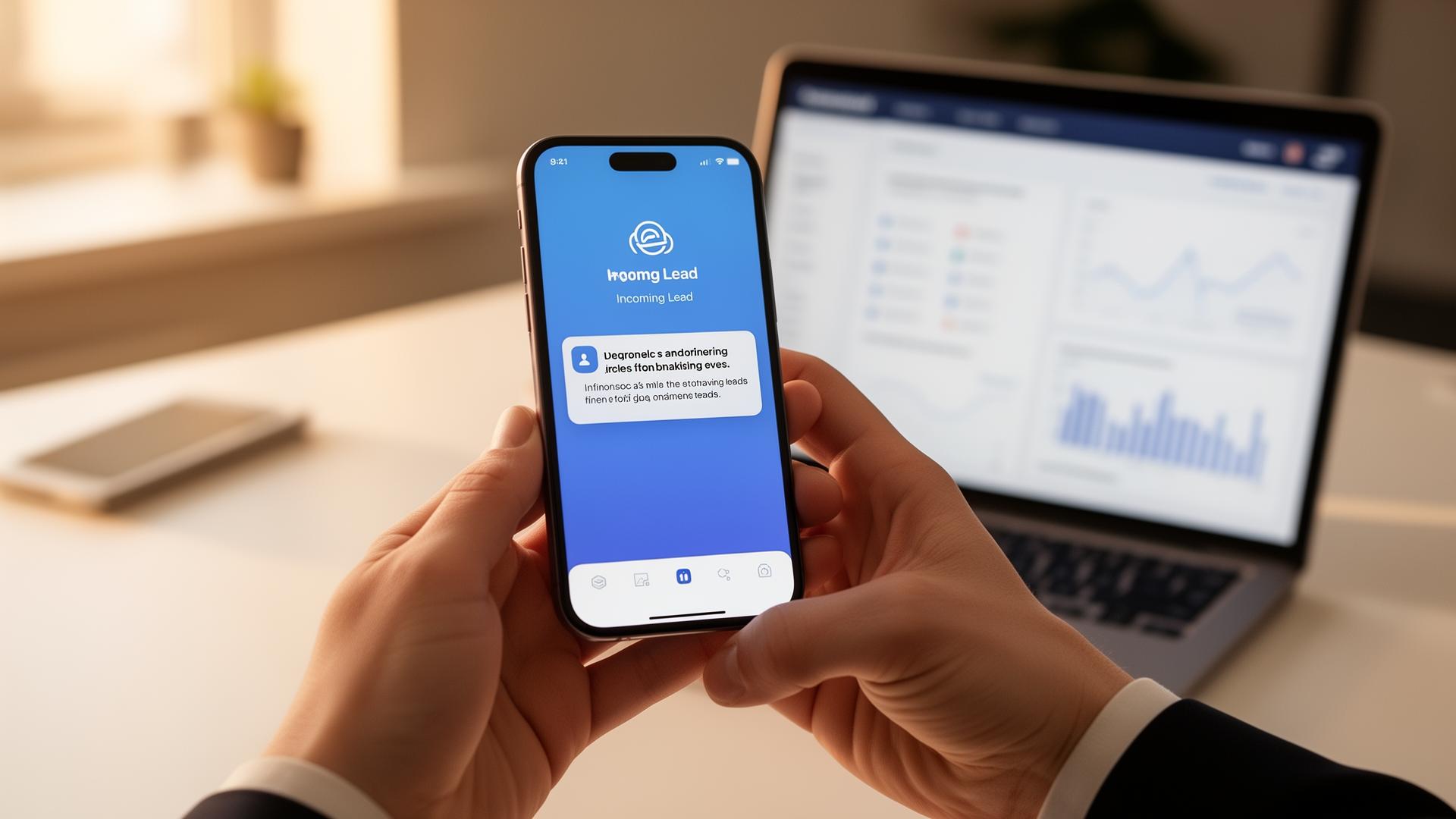 Ejecutivo recibiendo una notificación de nuevo lead en su teléfono, con un dashboard de ventas al fondo.