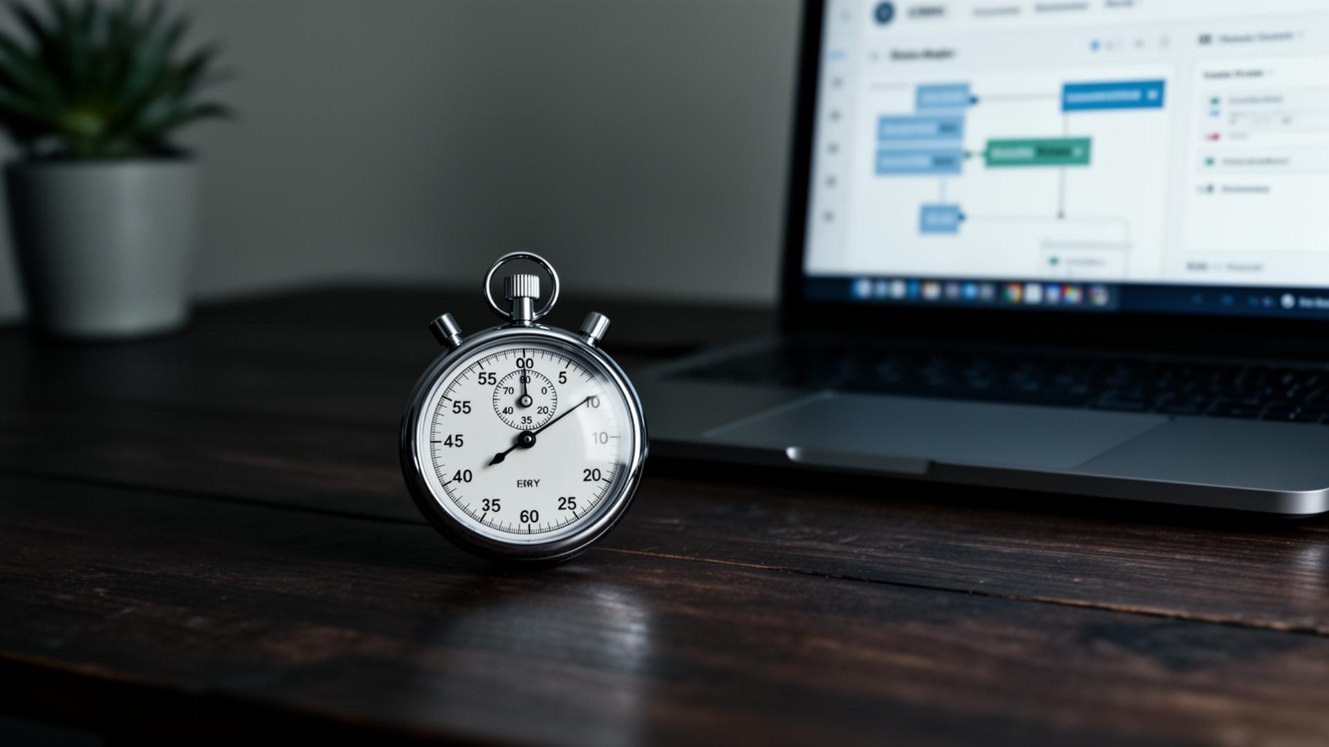 Stopwatch on a desk next to a laptop showing a sales pipeline on screen.